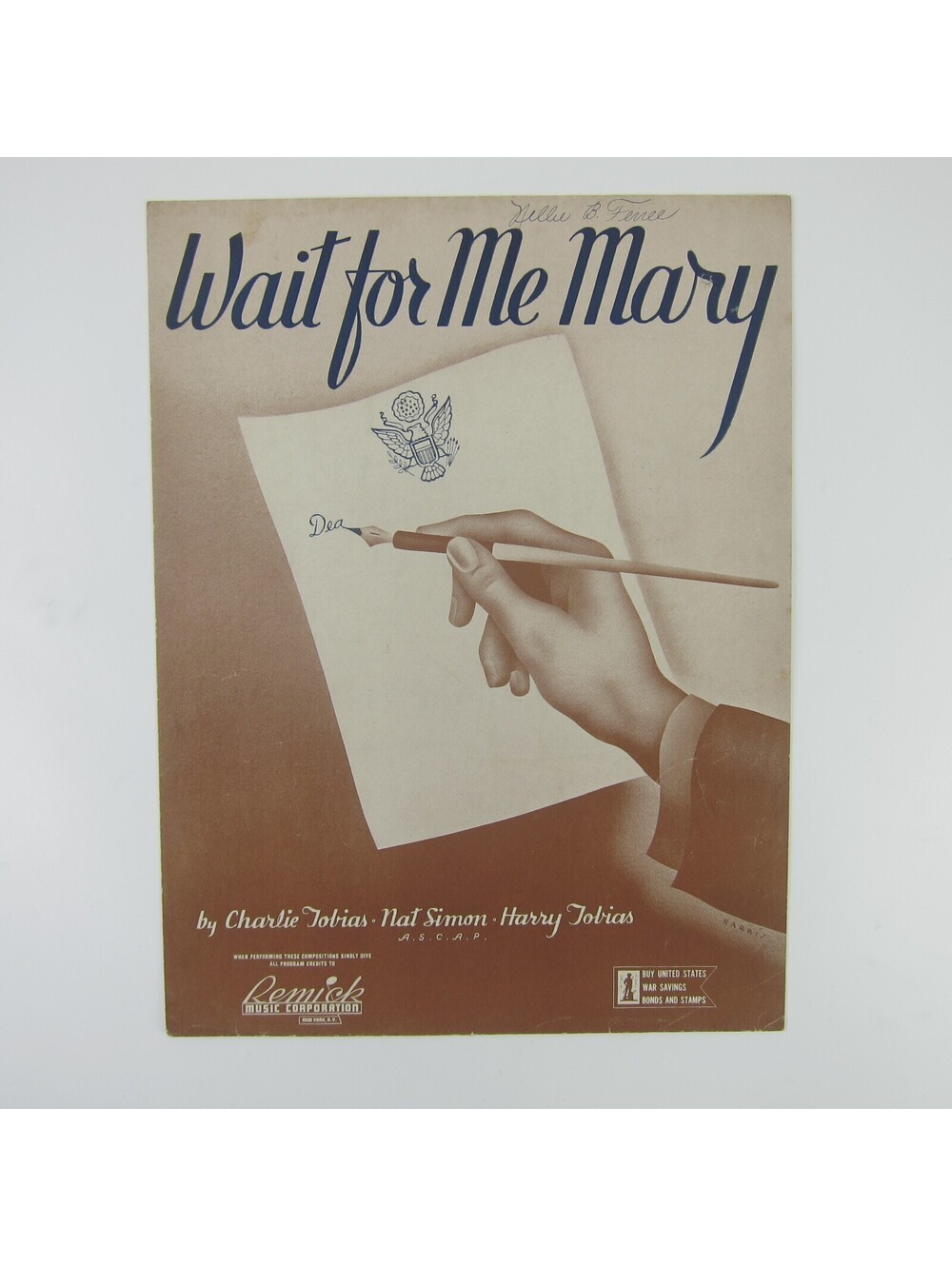 Sheet Music Wait For Me Mary Nat Simon Charlie & Harry Tobias Vintage 1943